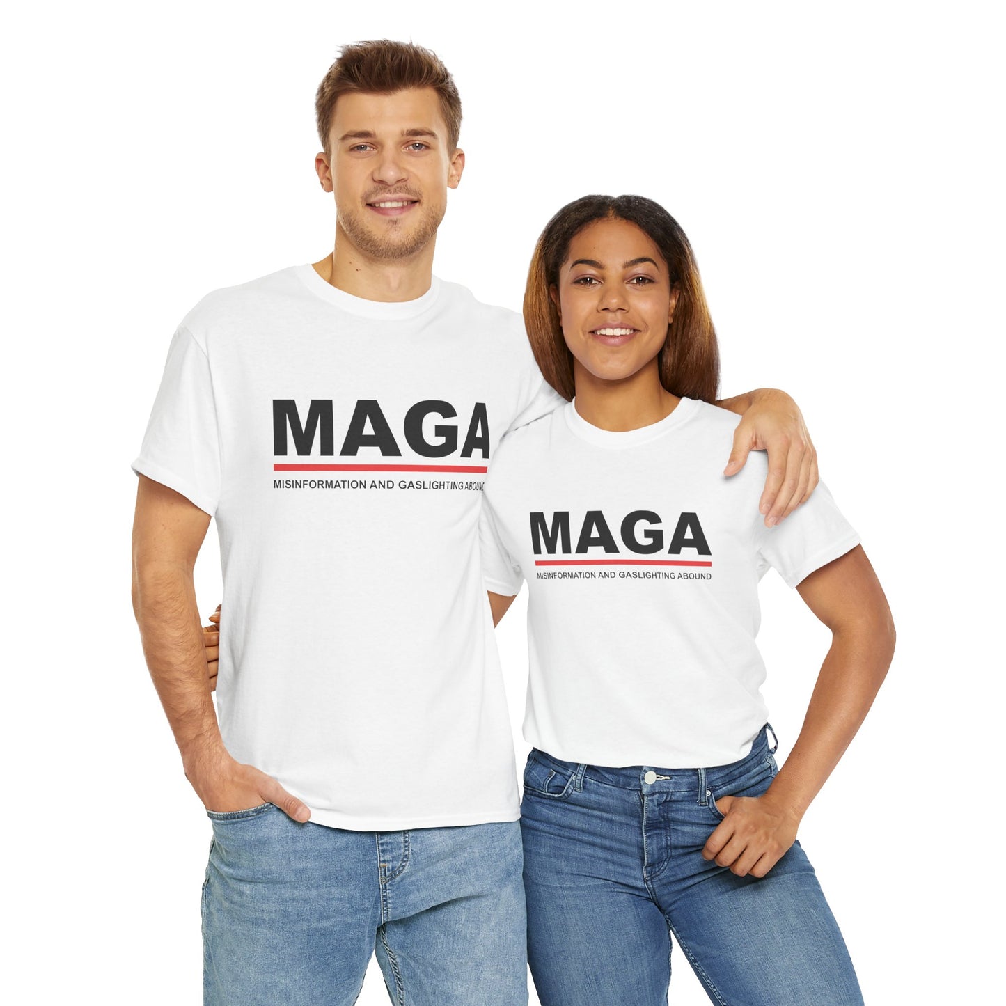 MAGA: Misinformation And Gaslighting Abound Unisex Tee Shirt White Pair